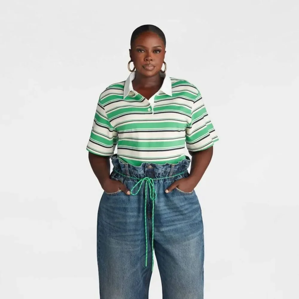 KBB by KAHLANA Women's Short Sleeve 'The Fitted Rugby Shirt' - Green Striped 2X